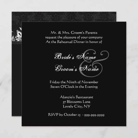 Curlicue Black and White Wedding Probe Dinner Einladung (Vorne/Hinten)