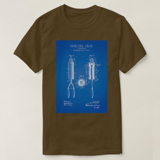 Curling-Eisen-blaues Patent T-Shirt (Design vorne)