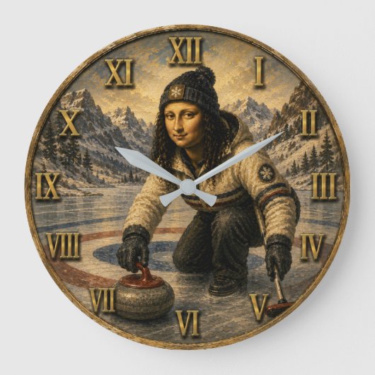 Curling Funny Mona Lisa Curler Gift Große Wanduhr (Vorderseite)