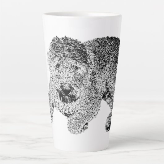Curly Dog Portrait Mug – Lying Pose in Black & Whi Milchtasse (Vorderseite)