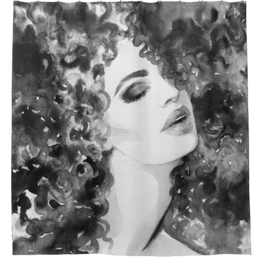 Curly Grace: Aquarellfarben Duschvorhang (Vorderseite)