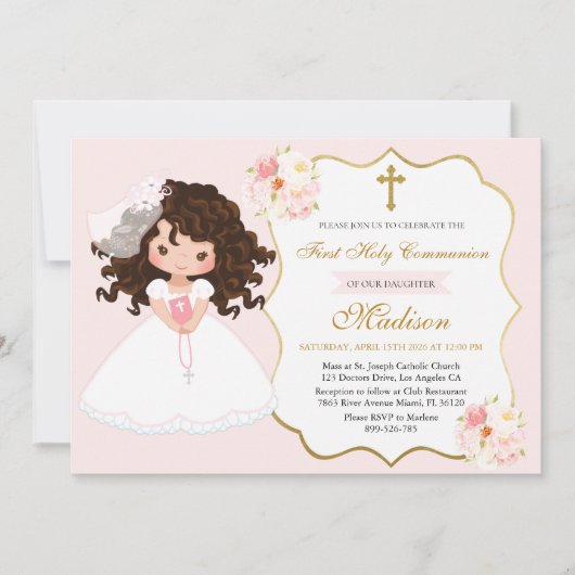 Curly haired Girl First Communion Soft Pink Einladung (Vorderseite)