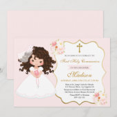 Curly haired Girl First Communion Soft Pink Einladung (Vorne/Hinten)