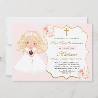 Curly haired Girl First Communion Soft Pink floral Einladung