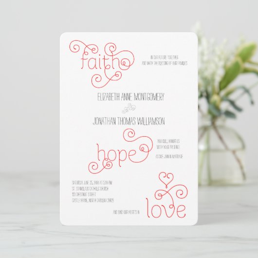 Curly Red Script Faith Hope Liebe Wedding Einladung (Stehend Vorderseite)