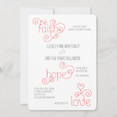 Curly Red Script Faith Hope Liebe Wedding Einladung (Vorderseite)