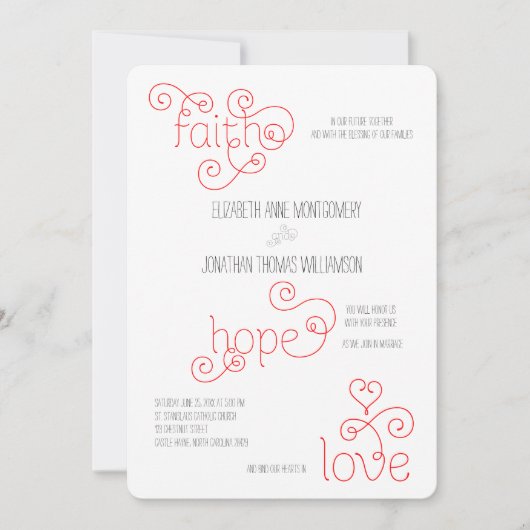 Curly Red Script Faith Hope Liebe Wedding Einladung (Vorderseite)