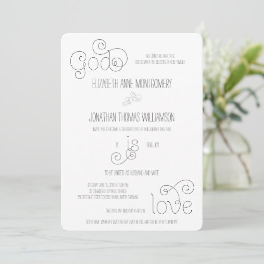 Curly Script God is Liebe Christlich Wedding Einladung (Stehend Vorderseite)