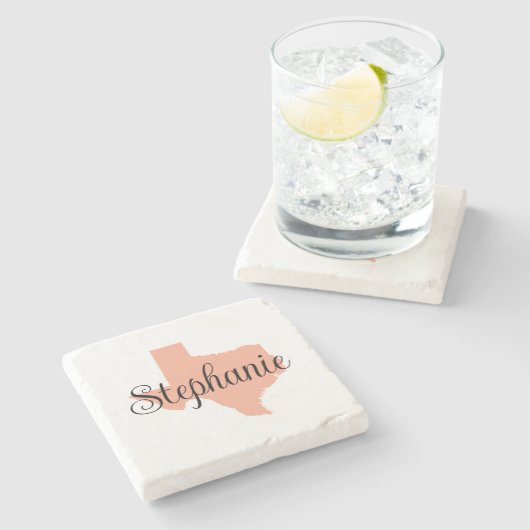 Curly Script Name Peach Texas Steinuntersetzer (Seitenansicht)