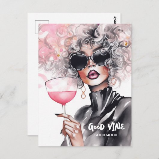 Curry Girl Rote Lippen Reine schwarzes Kleid Aquar Postkarte (Vorne/Hinten)