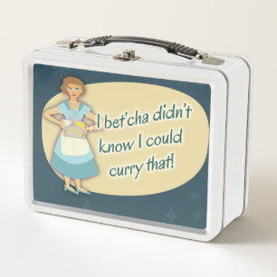 Curry mit diesem schnippischen Hausfrauen-Vintage- Metall Brotdose