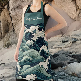 Curry Ocean Waves Vintag Japanisch Look Monogram Schürze