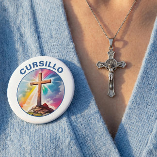 Cursillo Holzkreuz mit Regenbogen und Wolken Button