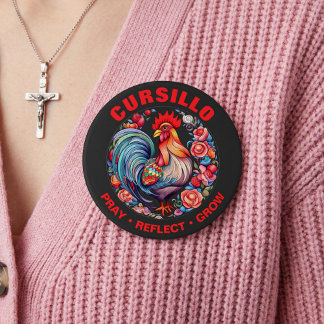 Cursillo Rooster with Roses Pray Reflect Grow Button