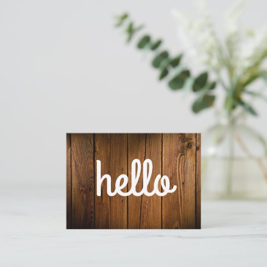 Cursive Hello Wood Panel Visitenkarte (Stehend Vorderseite)