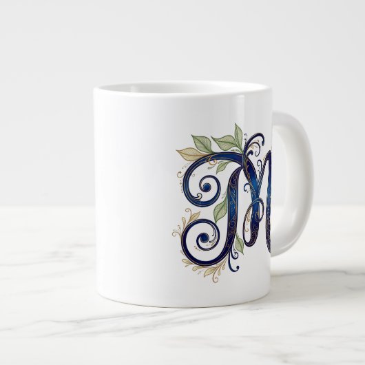 Cursive M – Elegant Blue & Gold Monogram Jumbo-Tasse (Vorderseite Rechts)