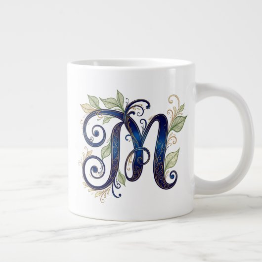 Cursive M – Elegant Blue & Gold Monogram Jumbo-Tasse (Rechts)