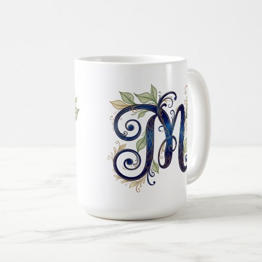 Cursive M – Elegant Blue & Gold Monogram Kaffeetasse (VorderseiteRechts)