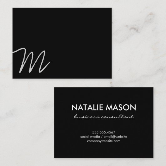 Cursive Monogramm | Asymmetrisch (schwarz) Visitenkarte (Vorne/Hinten)