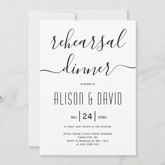 Cursive Skripttypografie Hochzeitsessen Probe Einladung (Vorderseite)