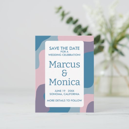 Curvous farbige Streifen Retro Save the Date Postkarte (Stehend Vorderseite)