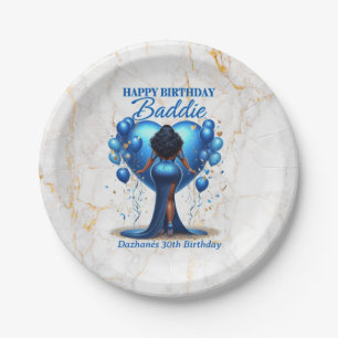 Curvy Afrikanische Amerikanerin Blue Glam Birthday Pappteller