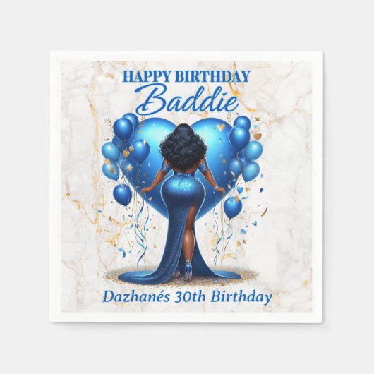 Curvy Afrikanische Amerikanerin Blue Glam Birthday Serviette (Vorderseite)