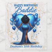 Curvy Afrikanische Amerikanerin Blue Glam Birthday Weinetikett (Einzelnes Label)