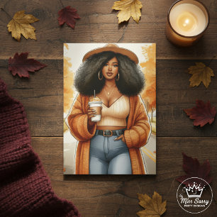 Curvy Cosy American Woman Erntedank Karte