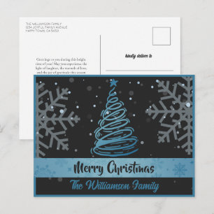 Curvy Lines Christmas Tree Snowflakes Blue Black Feiertagspostkarte
