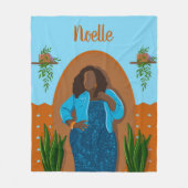 Curvy, Schwarze Frau, Hauspflanzen, Orange & Blau Fleecedecke (Vorderseite)