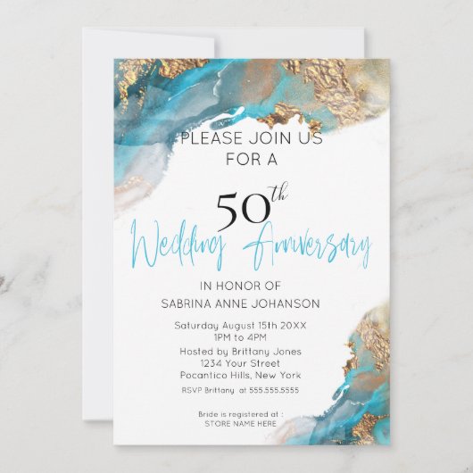 Custom2 50th W Jubiläum Aquamarin und Gold Abstrak Einladung (Vorderseite)