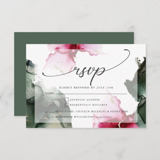 Custom2 Crimson und Sage Green Watercolor RSVP Karte (Vorne/Hinten)