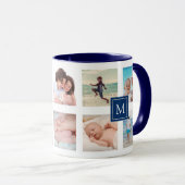 Custom 10 Foto Collage Dark Blue Monogram Tasse (VorderseiteRechts)