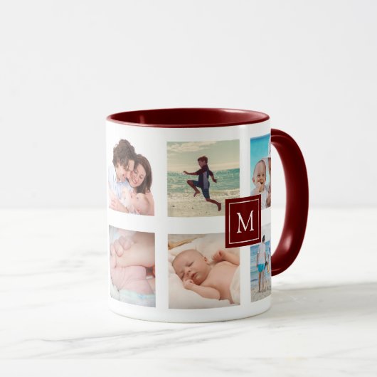 Custom 10 Foto Collage Maroon Monogram Tasse (VorderseiteRechts)