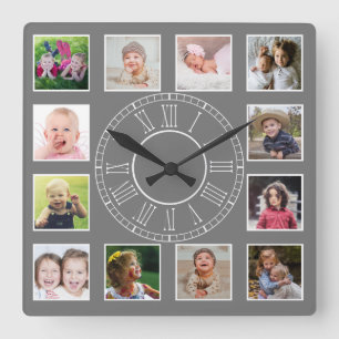 Custom 12 Family Foto Collage Grau Roman Numeral Quadratische Wanduhr