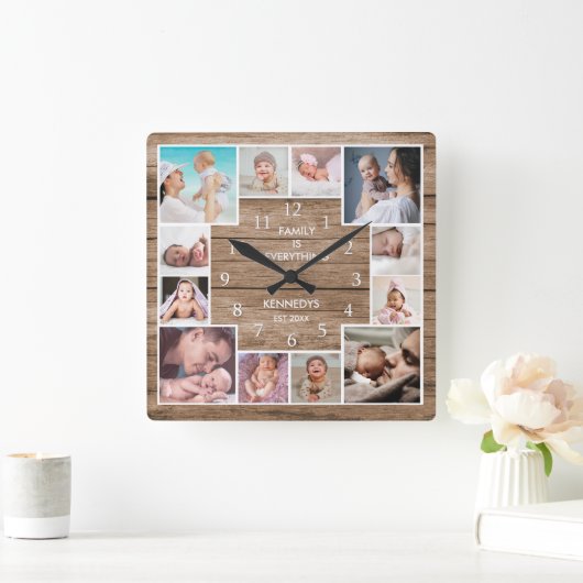 Custom 12 Family Foto Collage reclased Holz Quadratische Wanduhr (Zuhause)