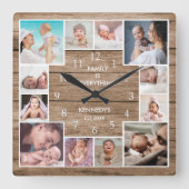 Custom 12 Family Foto Collage reclased Holz Quadratische Wanduhr (Vorderseite)