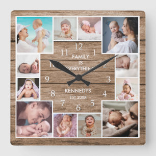 Custom 12 Family Foto Collage reclased Holz Quadratische Wanduhr