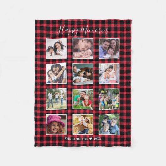 Custom 12 Family Foto Collage Red Buffalo Kariert Fleecedecke (Vorderseite)