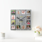 Custom 12 Family Foto Collage Rustic Gray Wood Quadratische Wanduhr (Zuhause)