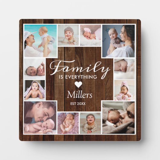 Custom 12 Family Foto Collage Rustikales braunes H Fotoplatte (Vorderseite)