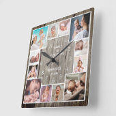 Custom 12 Family Foto Collage Rustikales Holz Quadratische Wanduhr (Winkel)