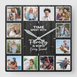 Custom 12 Family Foto Collage Schwarzes Holz Quadratische Wanduhr