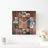 Custom 12 Family Friends Photo Collage Rustic Quadratische Wanduhr (Zuhause)