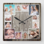 Custom 12 Family Photo Collage Rustic Wood Quadratische Wanduhr (Vorderseite)