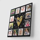 Custom 12 Foto Collage Black and Gold Heart Quadratische Wanduhr (Winkel)