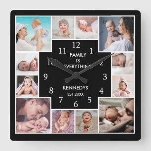 Custom 12 Foto Collage Familie ist alles Schwarz Quadratische Wanduhr