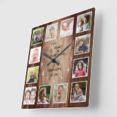 Custom 12 Foto Collage Familie Zitat Braunholz Quadratische Wanduhr (Winkel)