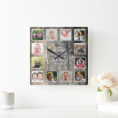 Custom 12 Foto Collage Familienname Festes Holz Quadratische Wanduhr (Zuhause)